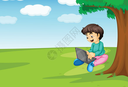 果树下的男孩一个男孩和笔记本电脑地面键盘监视器草图享受蓝色卡通片天空草地孩子们设计图片