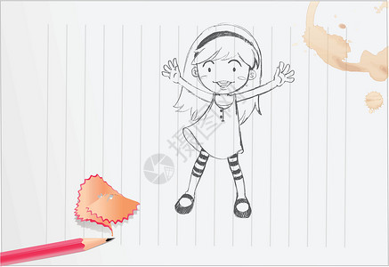 女孩喝纸上的女孩涂鸦咖啡刮胡子草图液体绘画艺术铅笔戒指烙印设计图片