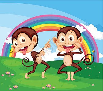 猴子动物绿色插图彩虹场地天空朋友们草地花朵蓝色背景图片