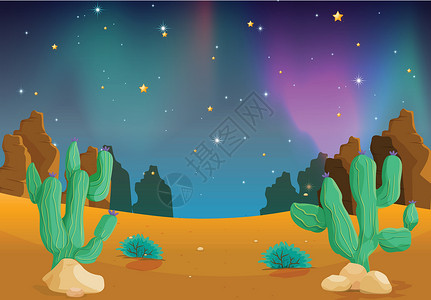 仙人掌沙漠沙漠地区卡通片蓝色星星沙丘丘陵绘画沙漠极光空格处植物设计图片