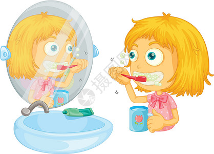孩子搞卫生它制作图案的儿童制品孩子们刷子牙膏盆地玻璃镜子反射卡通片泡沫设计图片