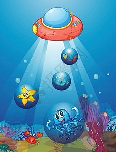 潜艇和鱼海洋动物空格处气泡射线海藻植物探险家蓝色海星海洋背景图片