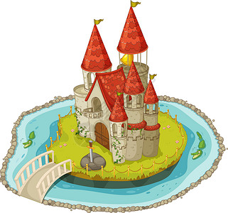 山上塔孤立的城堡女王皇家建筑旗帜堡垒护城河想像力房子王国建筑学插画