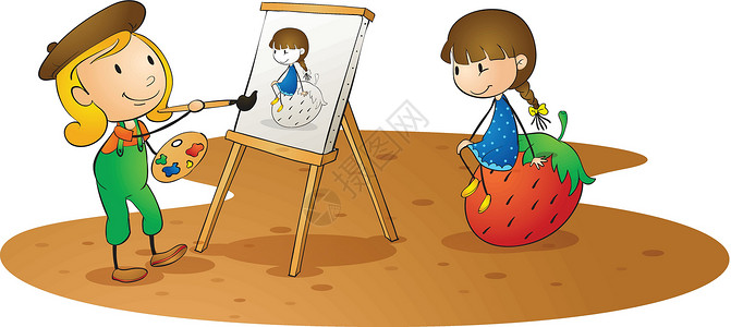 草莓女孩画画的女孩草地绘画卡通片女性托盘艺术家艺术品草图绿色女士设计图片
