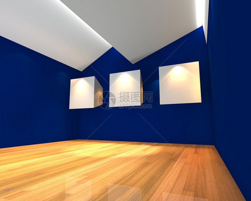 蓝色墙壁上的白色画布木头博览会框架收藏横幅大厅插图边界公寓画廊图片