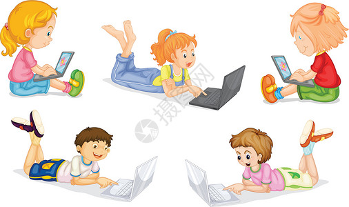 带笔记本电脑的孩子享受头发男生技术键盘草图展示金色团体家庭作业背景图片