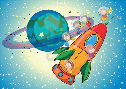 地球闪烁的粒子背景岩石上的孩子们飞机天空男性行星草图宇宙享受飞船火箭女士插画