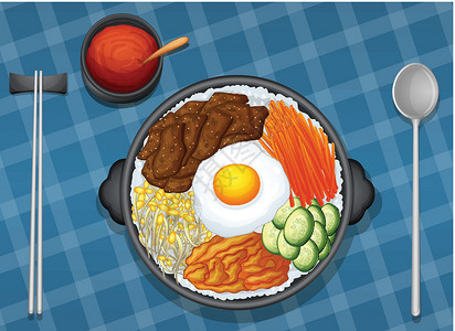 勺子里油一个 foo午餐蔬菜餐具沙拉用具圆形绘画食物肉汁蓝色插画