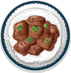 巧克力瑞斯特牛肉和大米蔬菜绘画午餐用具用餐服务食物美食盘子炊具插画
