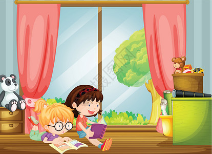 读书玩具熊女生阅读书籍图书天空女性女士卡通片学习窗户说谎抽屉窗帘设计图片