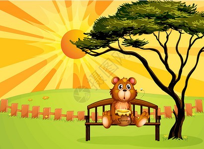 熊牧场一只熊和一锅蜂蜜坐在板凳上插画
