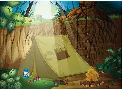 丛林帐篷露营帐篷森林庇护所太阳房子小路树叶蓝色绳索植物丛林设计图片
