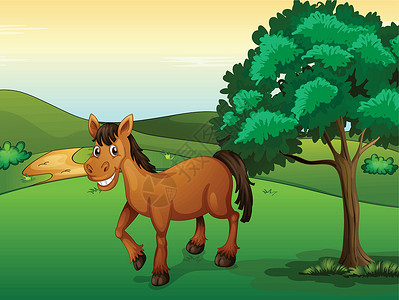一匹微笑的马小路路线野生动物场景风景植物卡通片动物蓝色农场背景图片