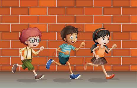 人行道砖儿童在墙边跑动插画
