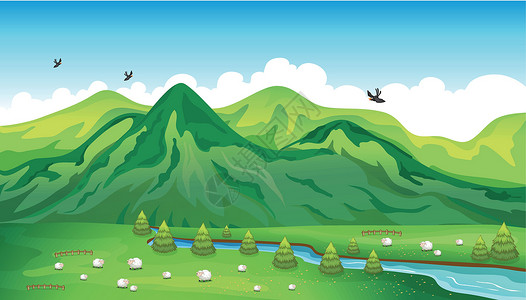 新西兰树羊 鸟和美丽的风景插画