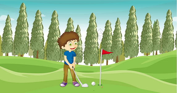 运动地面打棒球的男孩地面男人高尔夫球男生场地树木裤子旗帜男性场景插画
