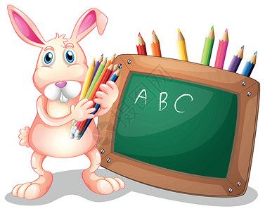 叼着铅笔的兔子黑板旁带彩笔的兔子设计图片