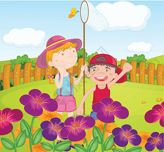 玩伴孩子们在花园里抓蝴蝶设计图片