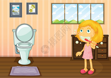 女性早起刷牙一个女孩在洗手间插画