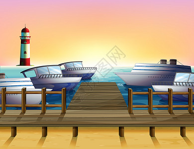 码头和小灯塔港口和日落的景色插画