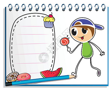 水果上的男孩一本笔记本和一张男孩吃棒棒糖的图纸设计图片