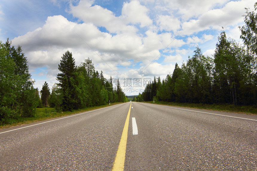 森林中的公路自由运输风景绿色旅行全景蓝色驾驶车道天空图片