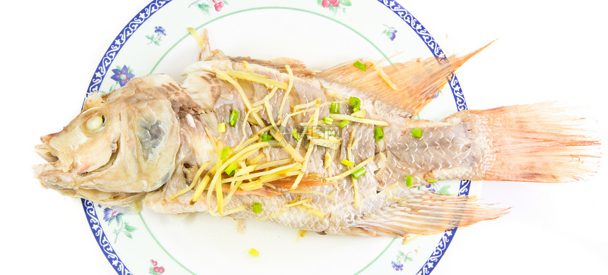 蒸鱼姜 在美丽的板盘上 与白色的背面隔绝美食餐厅厨师大豆鲷鱼辣椒海洋食物香料蒸汽图片
