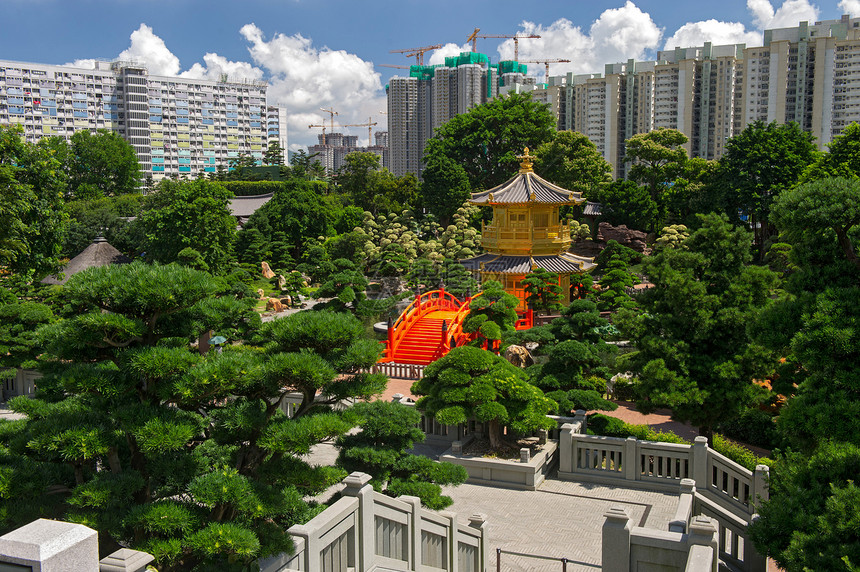 香港南里安花园的大桥和圣殿历史金子石头寺庙花园公园文化摩天大楼旅行宝塔图片