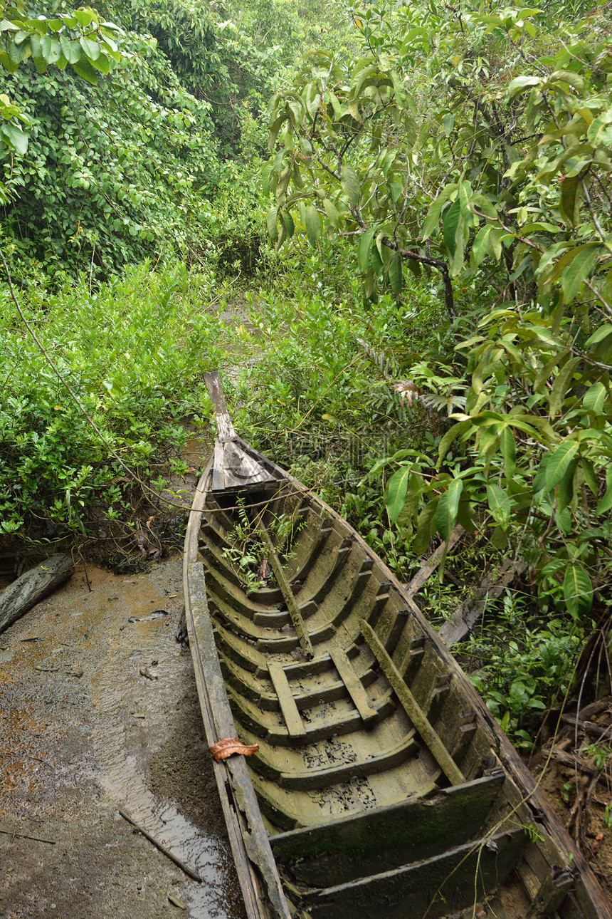 泰国克拉比的红树林里的老船木头航海公园海滩热带蓝色绿色照片旅行日出图片