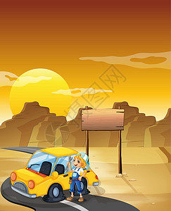 景区路标牌一个女孩在沙漠里用空标牌 修黄色的车设计图片