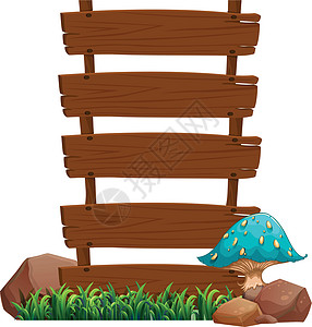 长蘑菇空木板旁的蓝蘑菇设计图片