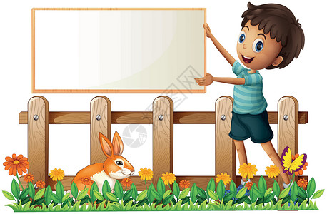 拿着萝卜的兔子一个男孩在花园里拿着一个板子设计图片