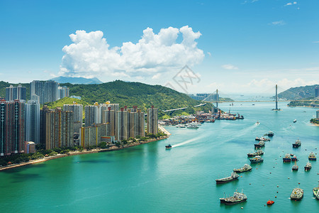 香港金融青衣住宅摩天大楼海景建筑商业电缆蓝色城市高清图片