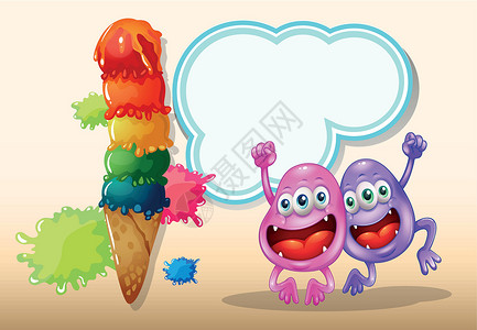 思考中小朋友两个快乐的怪物 跳过巨型冰淇淋设计图片