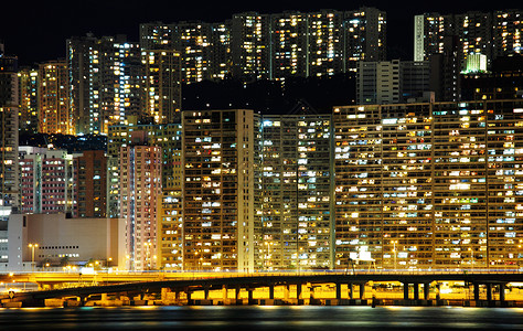 晚上在香港的公屋场景景观公寓房子市中心天空天际商业城市住宅现代的高清图片素材