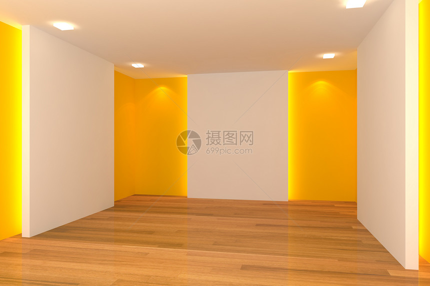 黄色空房间装饰房子风格空白墙纸木地板装潢木头单元住宅图片