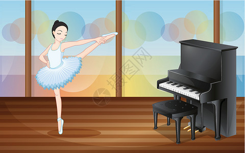 练习钢琴一个芭蕾舞者在工作室的钢琴旁边跳舞设计图片