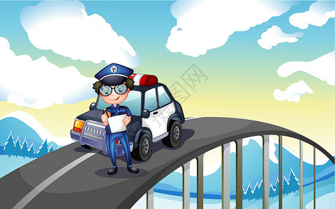 长江上的桥一名军官和他的巡逻车在路中间行驶设计图片