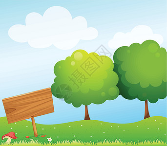 四边形背景蘑菇附近一个空的木板插画