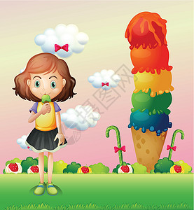 一个女孩在巨大的冰淇淋旁边吃冰淇淋高清图片