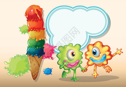 奶茶冰淇淋两只怪兽手握着巨型冰淇淋设计图片