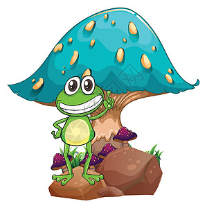 一只青蛙站在巨蘑菇下面的岩石上高清图片