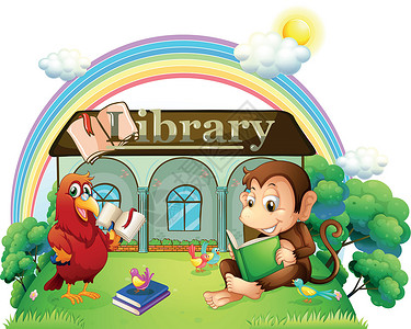 彩虹鹦鹉猴子和鹦鹉在图书馆前阅读的书插画