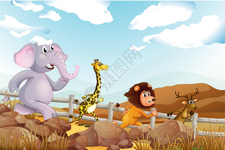 奔跑长颈鹿四只动物在农场里跑来跑去插画