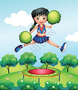 一个拉拉队队员 跳着她的绿色蓬勃的脚踏在蹦床上插画