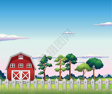 栅栏内的一个红谷仓背景图片