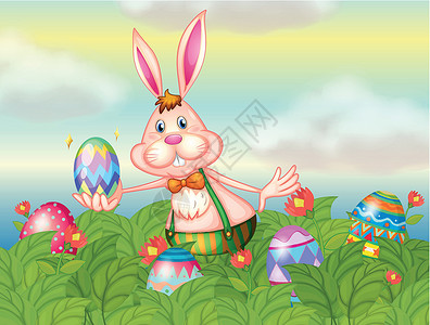 复活节兔子素材花园里有一只兔子和东边的鸡蛋设计图片