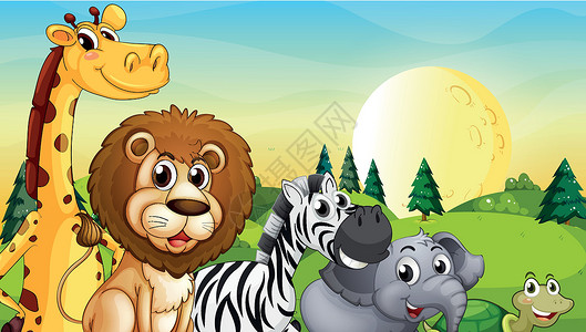 丛林动物山顶有松树的动物设计图片