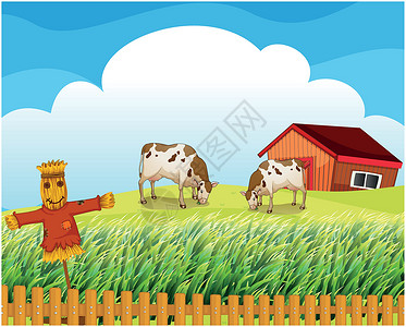 人造草一个稻草人 墙内有两头奶牛插画