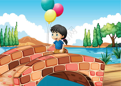 宝带桥一个女孩带着三个气球 在桥上行走插画